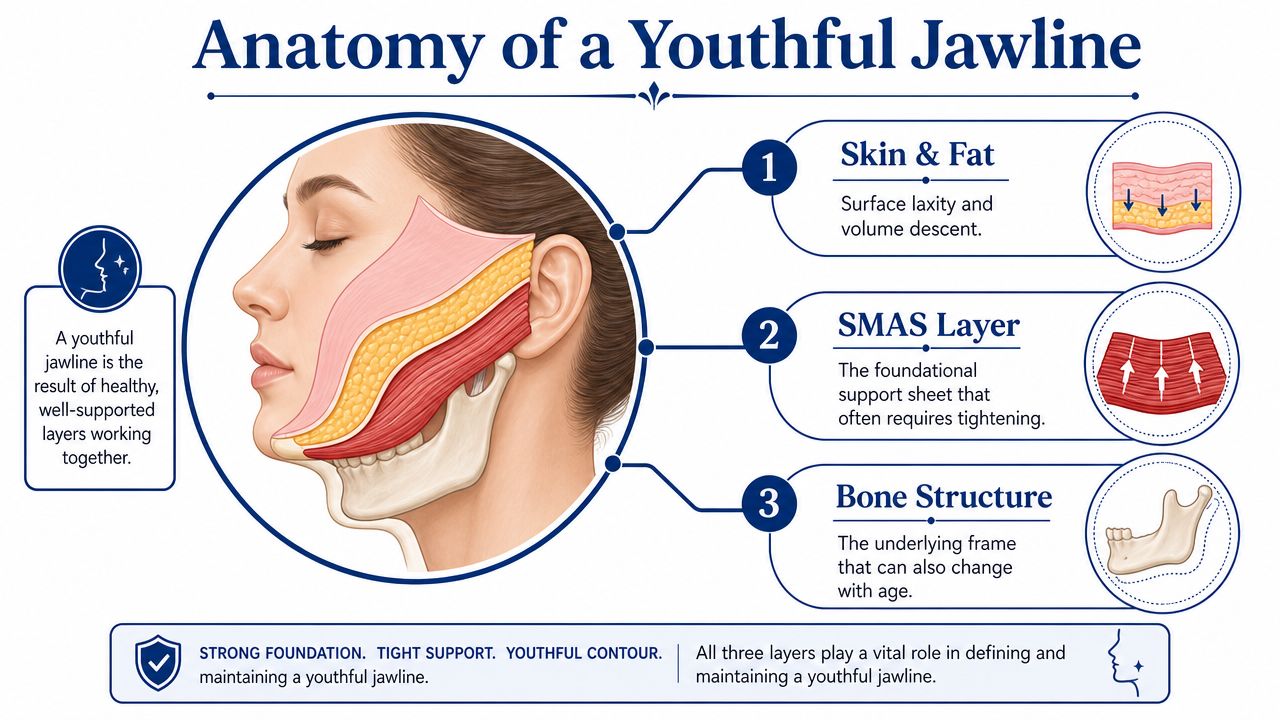 A detailed medical illustration showing the layers of the face contributing to a youthful jawline structure.