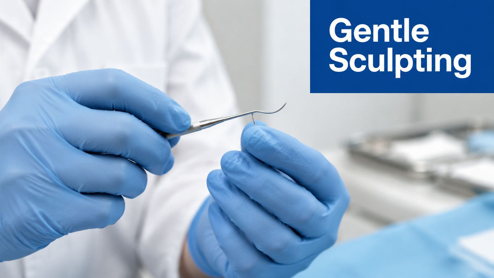 A close-up of a doctor wearing blue medical gloves holding a delicate, specialized surgical sculpting tool.