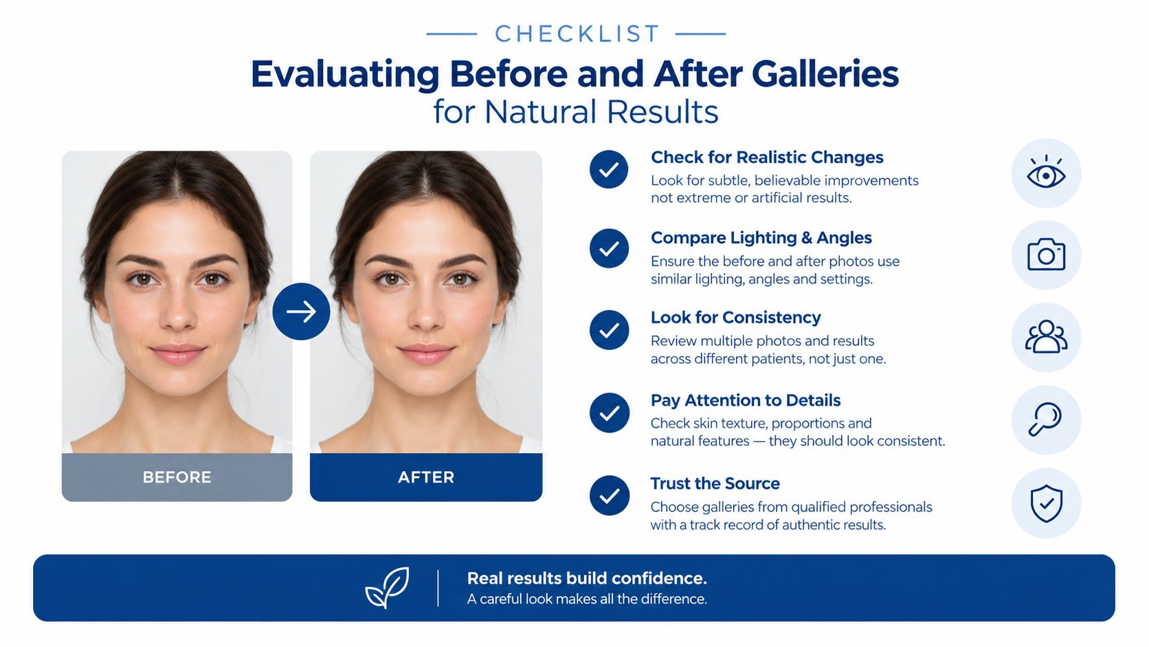 A checklist for evaluating plastic surgery before and after photo galleries to ensure realistic and authentic results.