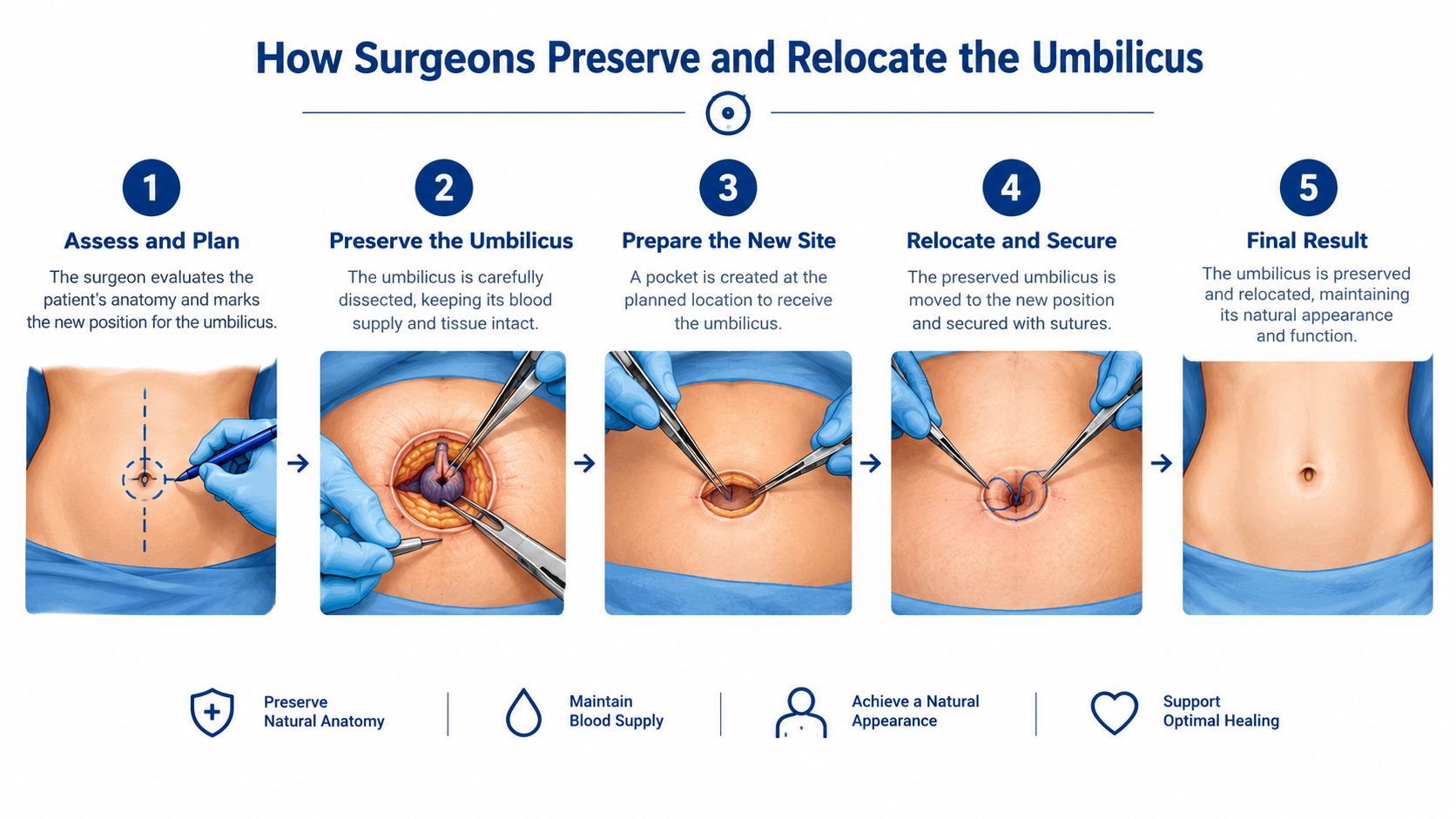 A five-step medical infographic illustrating the surgical procedure to preserve and relocate the umbilicus during a tummy tuck.
