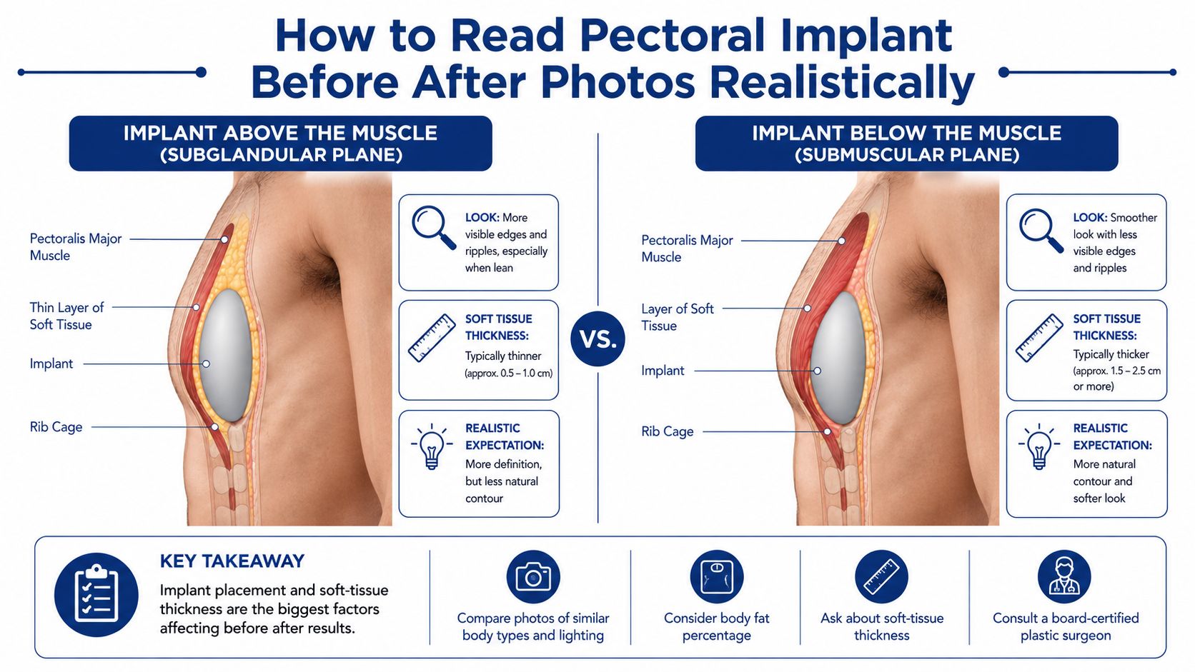 An infographic comparing pectoral implant placements, showing subglandular versus submuscular techniques to set realistic expectations.