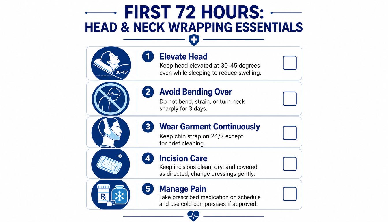An infographic detailing five essential post-surgery care instructions for recovery after head and neck procedures.