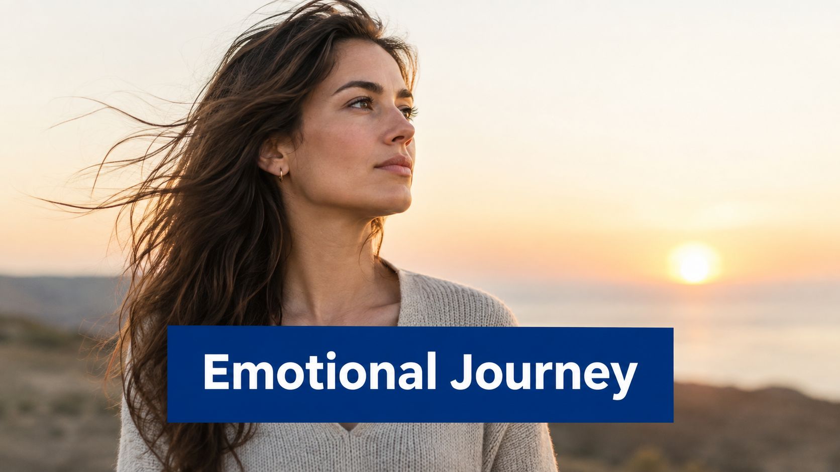 A serene woman looking at the sunset, symbolizing hope and healing during her personal emotional journey.