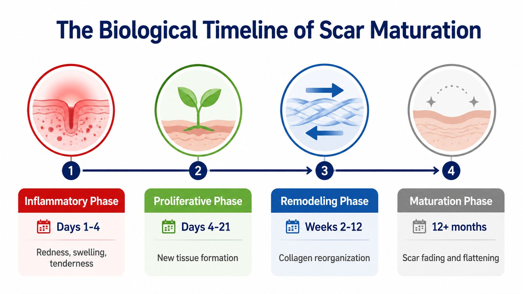 A four-stage biological timeline chart explaining the wound healing process and scar maturation phases.