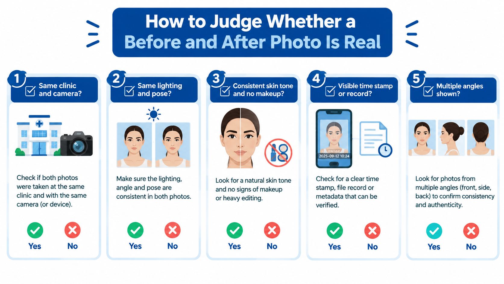 An infographic showing five tips for identifying authentic before and after treatment photos for skincare procedures.