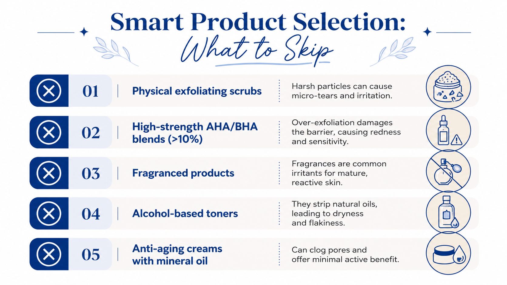 An infographic titled Smart Product Selection showing five types of skincare products to avoid for mature skin.