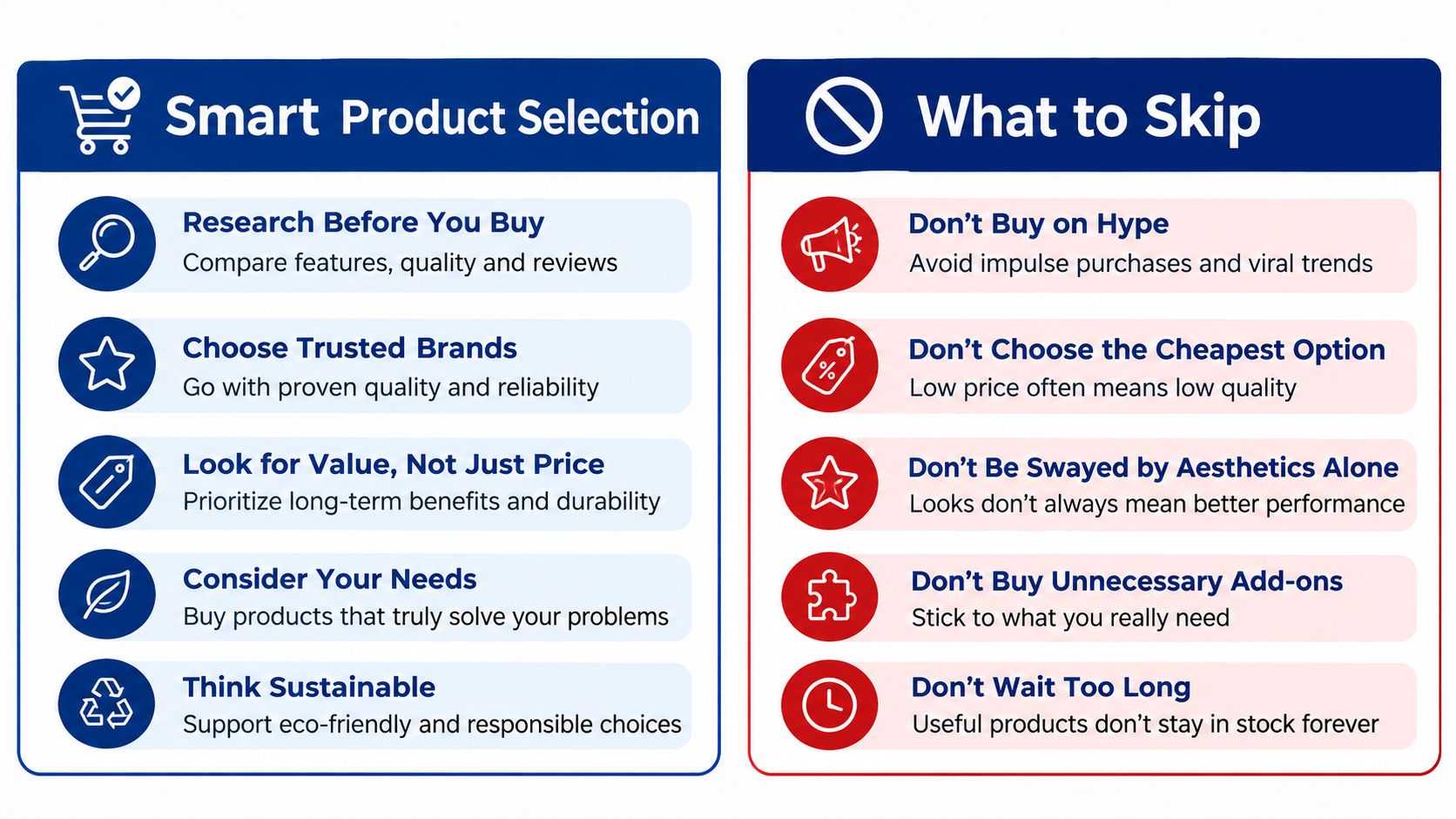 An infographic titled Smart Product Selection vs What to Skip featuring advice on making wise shopping decisions.