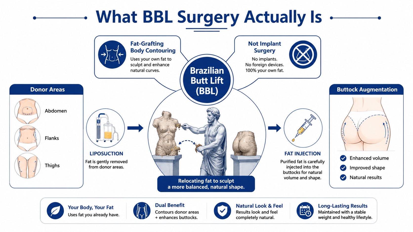 An infographic explaining the Brazilian Butt Lift surgery process, from liposuction in donor areas to fat grafting.