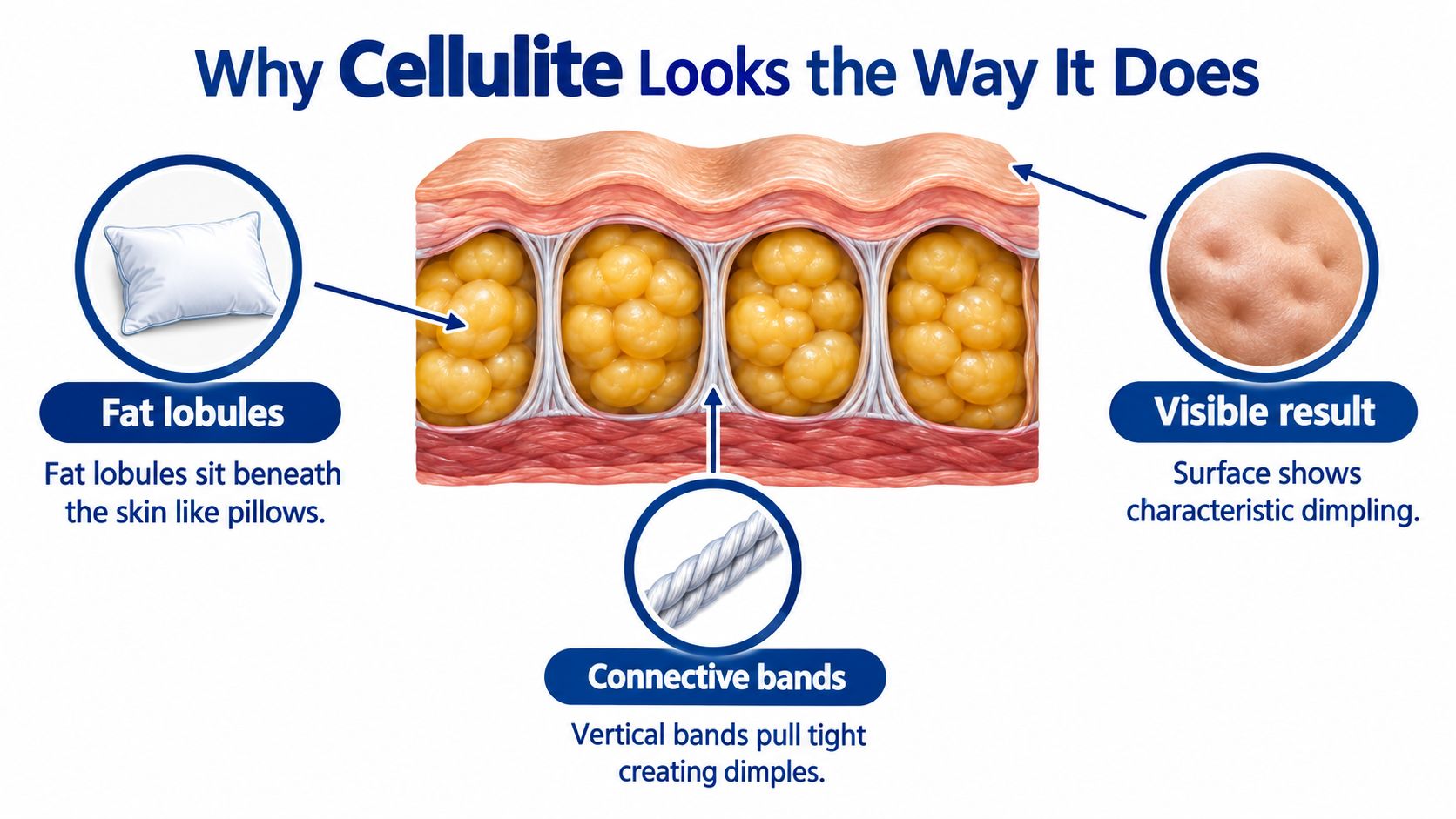 A diagram illustrating how fat lobules and connective bands beneath the skin cause visible cellulite dimpling.