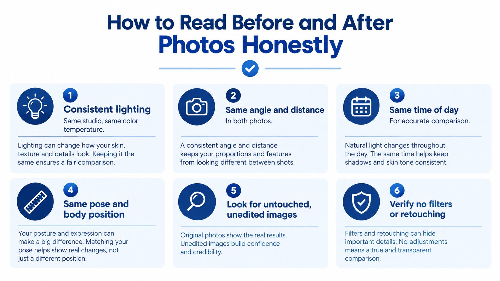 An infographic titled How to Read Before and After Photos Honestly, featuring six tips for accurate photo comparisons.
