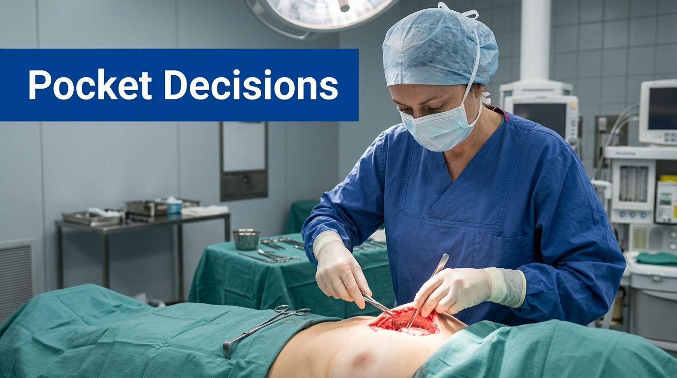 A surgeon in a blue scrub uniform performs a medical procedure on a patient in an operating room.