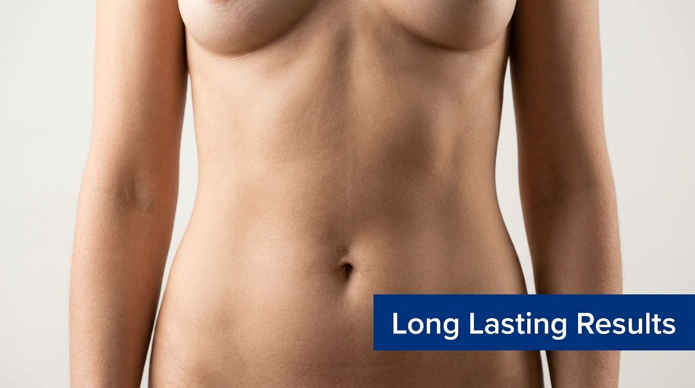 A fit, toned female torso with natural-looking breasts after a successful cosmetic surgical procedure on a plain background.