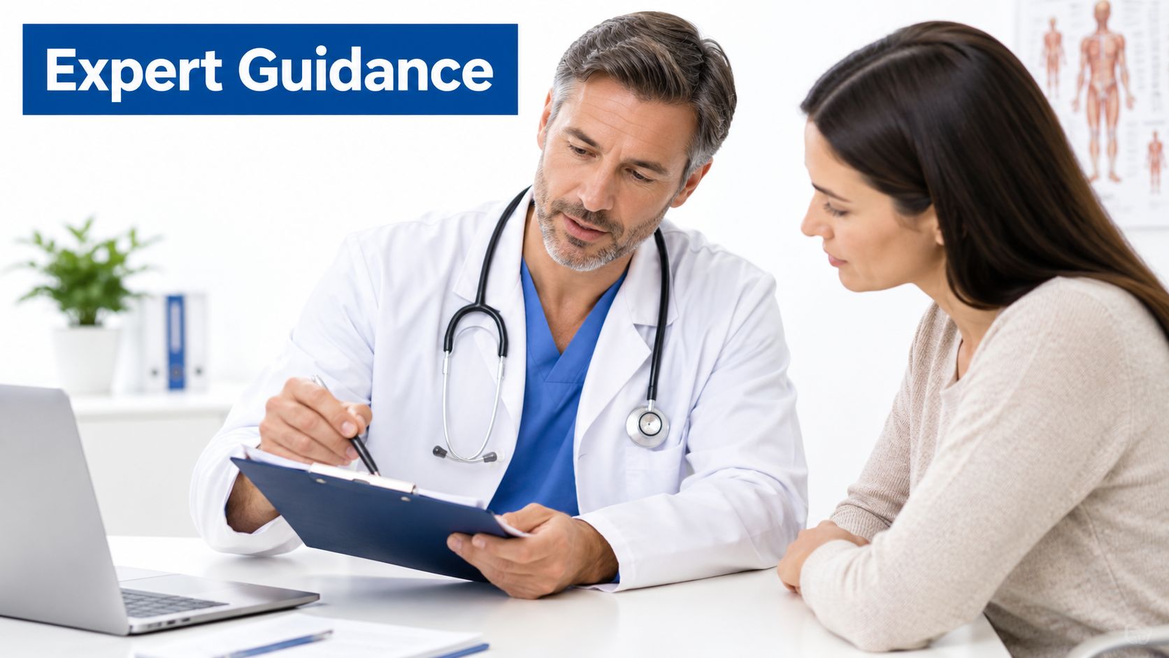 A professional doctor in a white coat consulting with a female patient in a modern office.