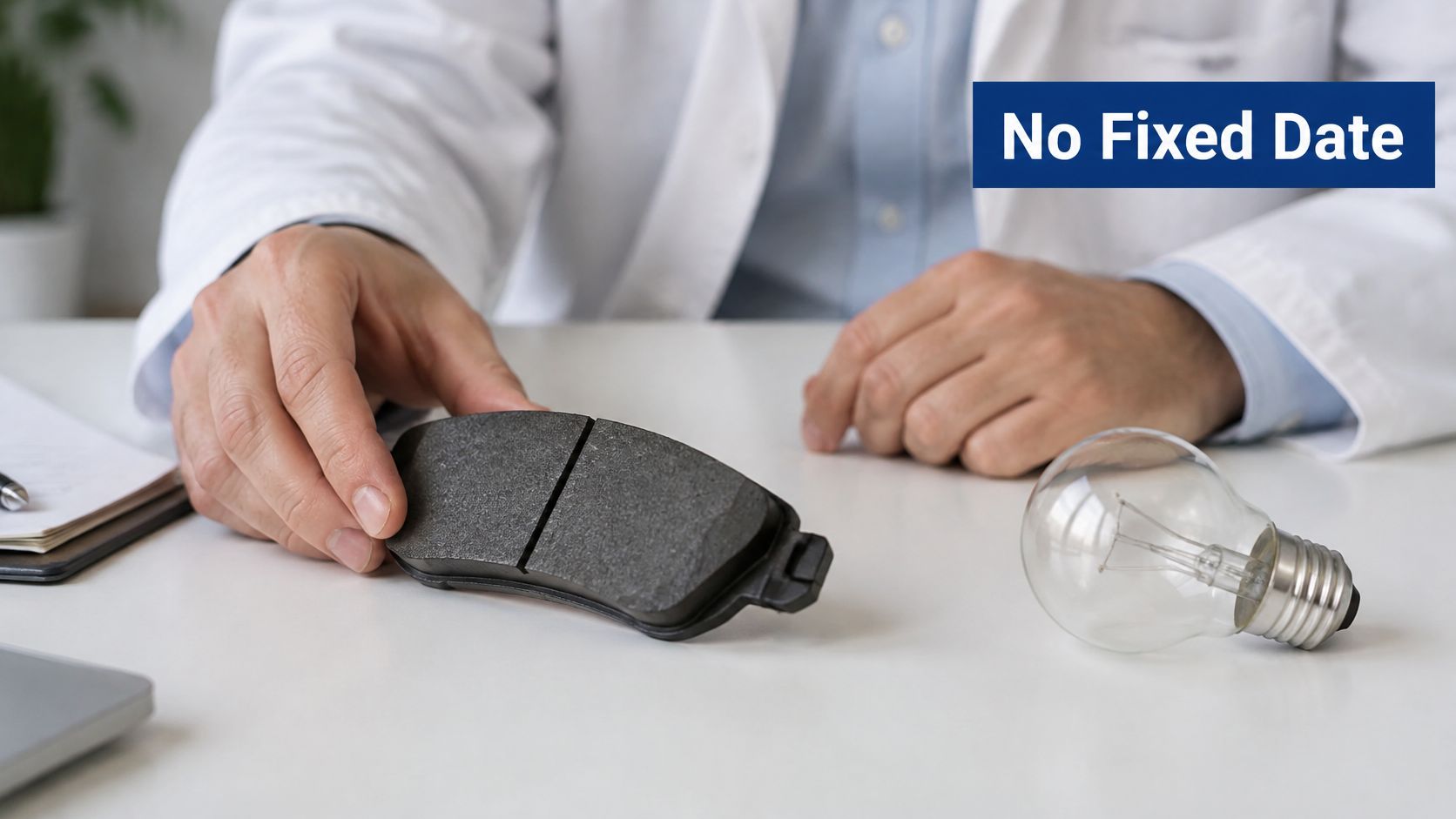 A person in a lab coat holding a car brake pad next to a light bulb.