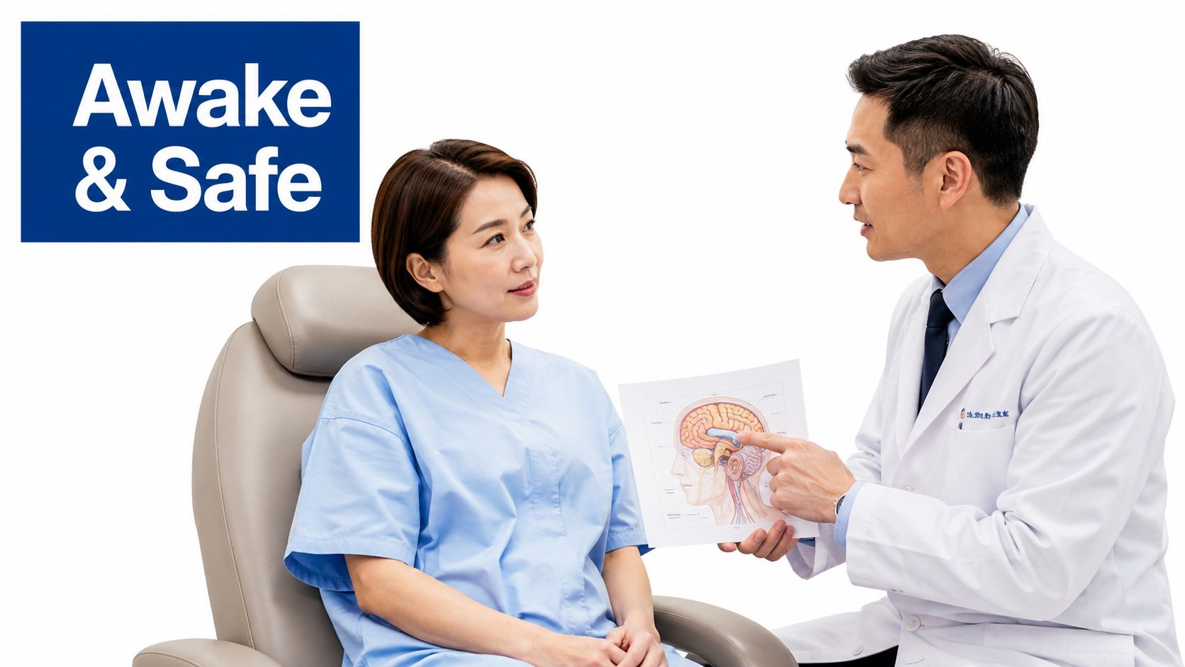 A male doctor in a white coat explaining a brain anatomy diagram to a female patient.