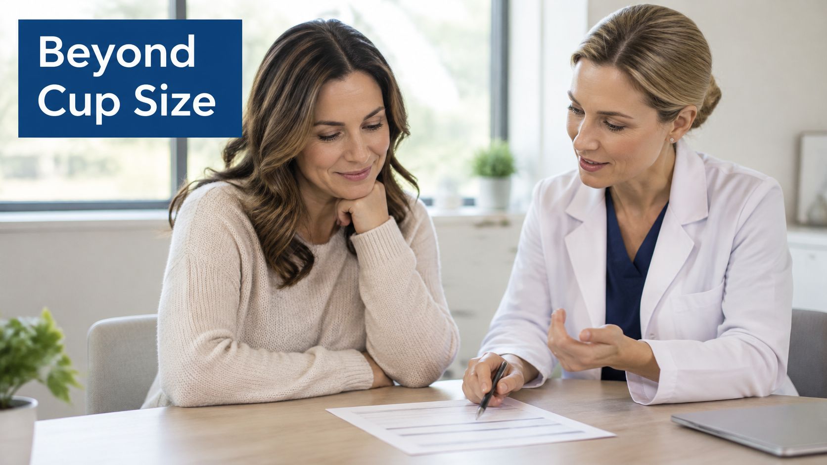 A female doctor sits at a desk discussing medical information with a patient during a consultation.
