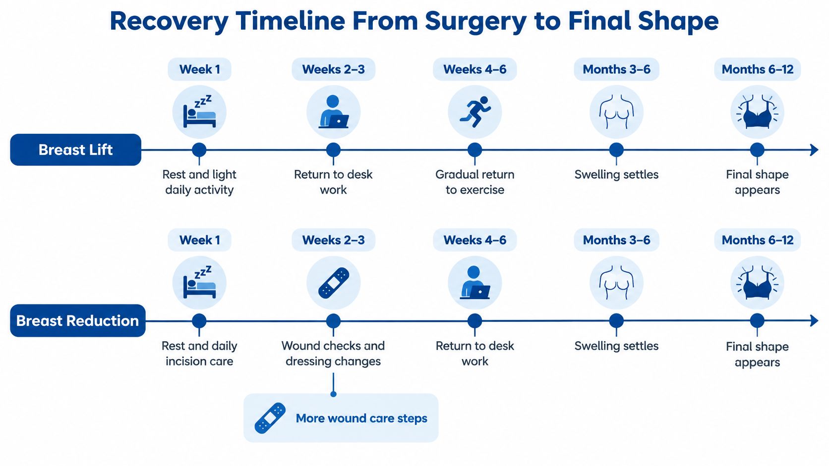 A comparison timeline showing the recovery steps for breast lift and breast reduction surgeries over twelve months.