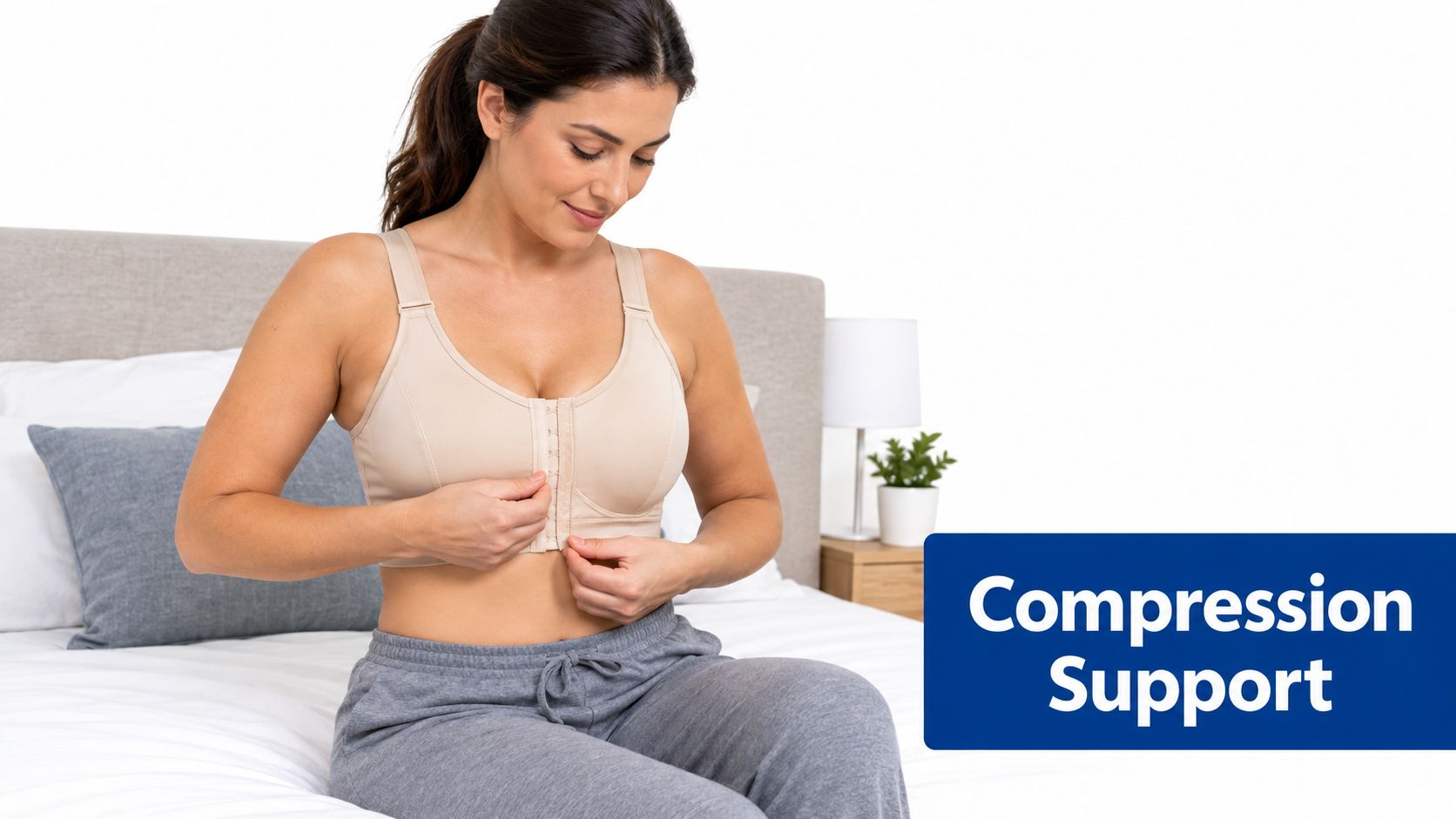 A woman comfortably wearing a beige front-closing compression bra while sitting on her bed.