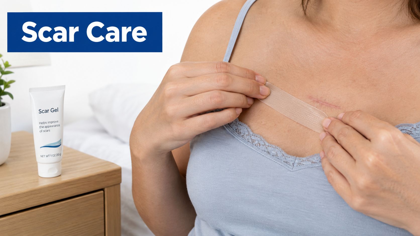 A woman applying a silicone scar sheet to a surgical scar on her chest for recovery.