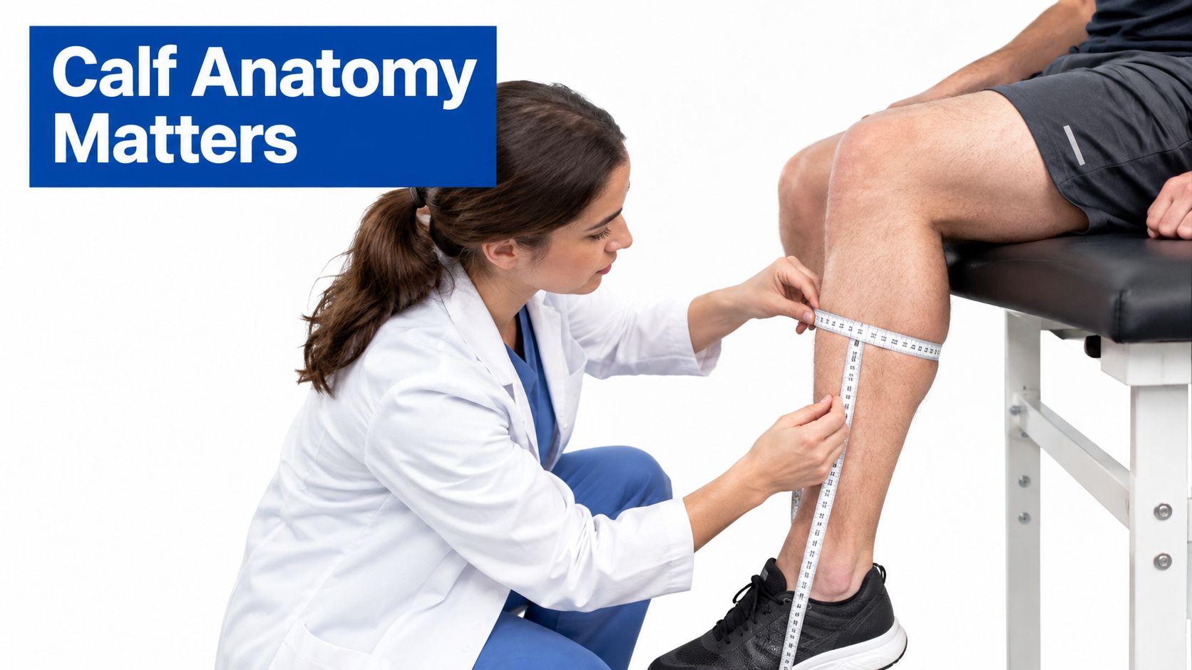 A professional physical therapist measuring the calf of a male patient using a white tape measure.