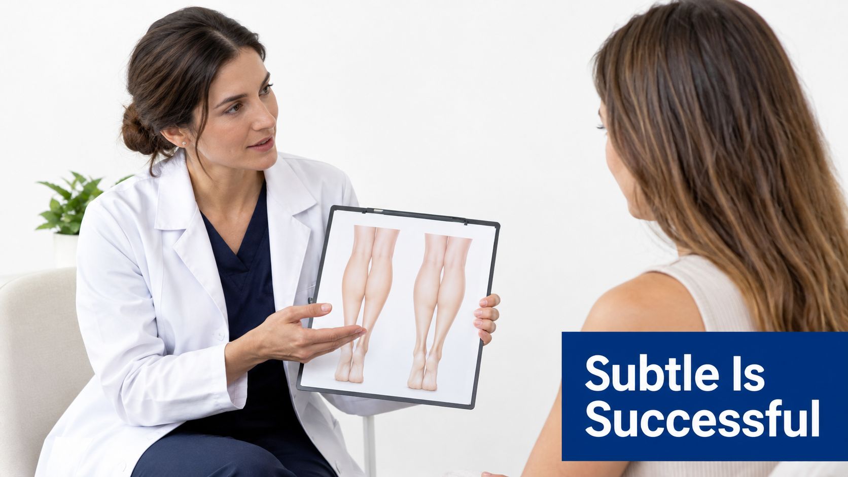 A female doctor showing a patient before and after results of calf liposuction on a clipboard.