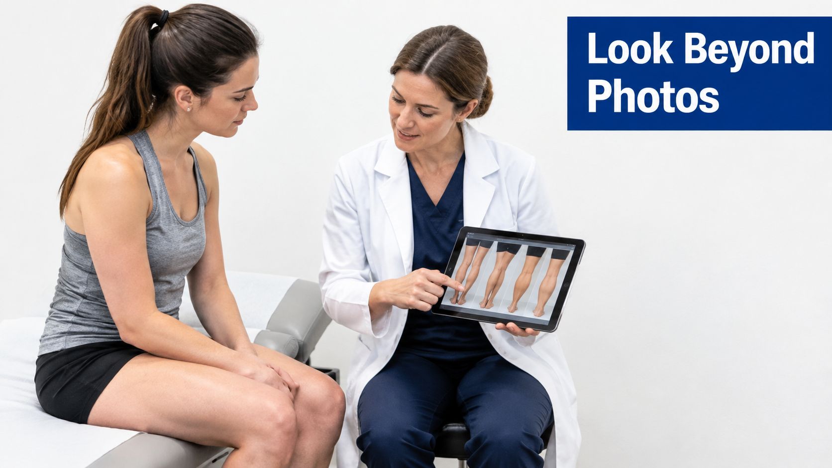 A doctor showing a patient calf images on a tablet during a medical consultation in clinic.