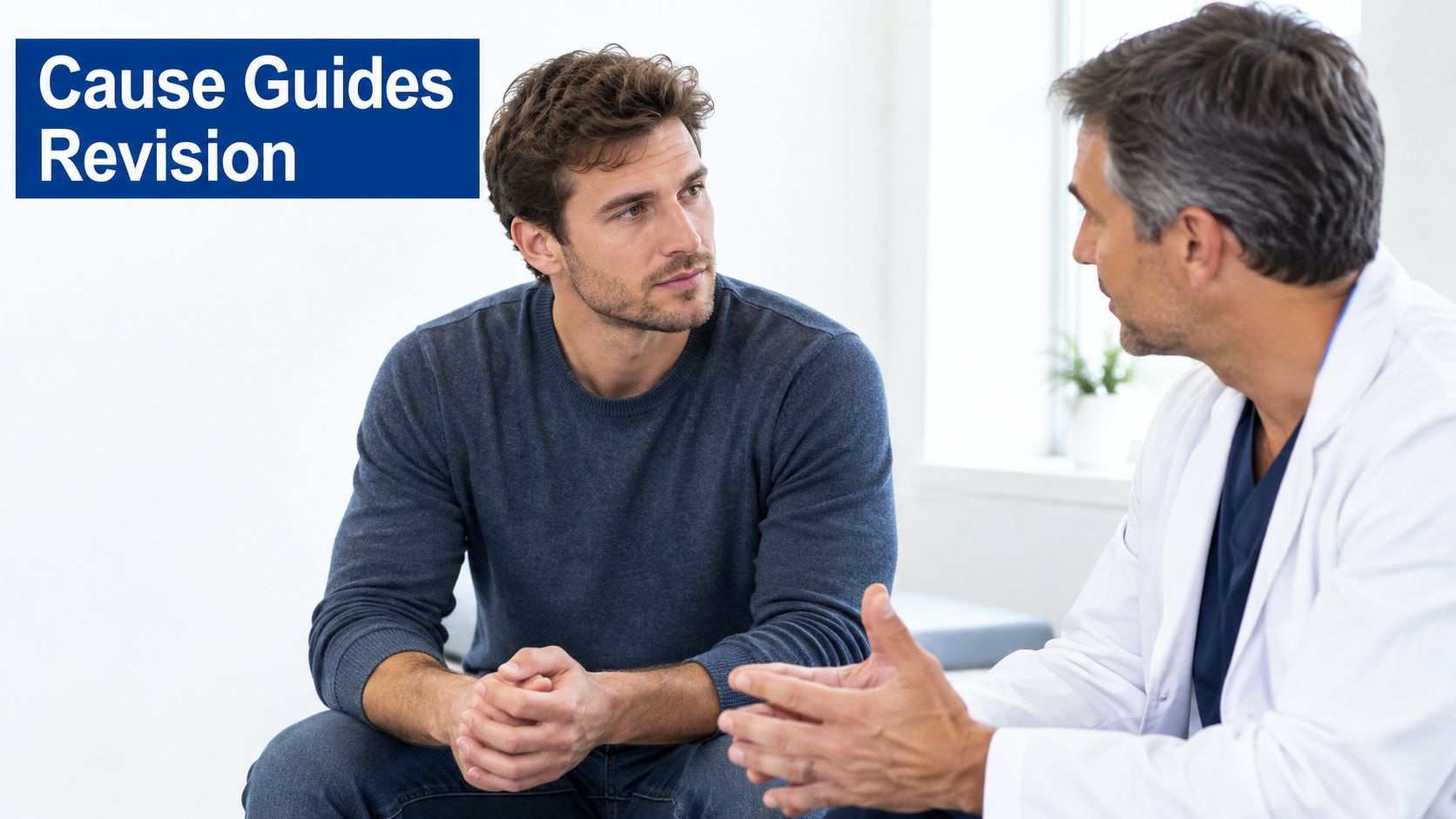 A male patient discussing his health concerns with a doctor during a consultation in an office.