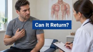 Male patient consultation discussing potential gynecomastia recurrence and surgical revision options