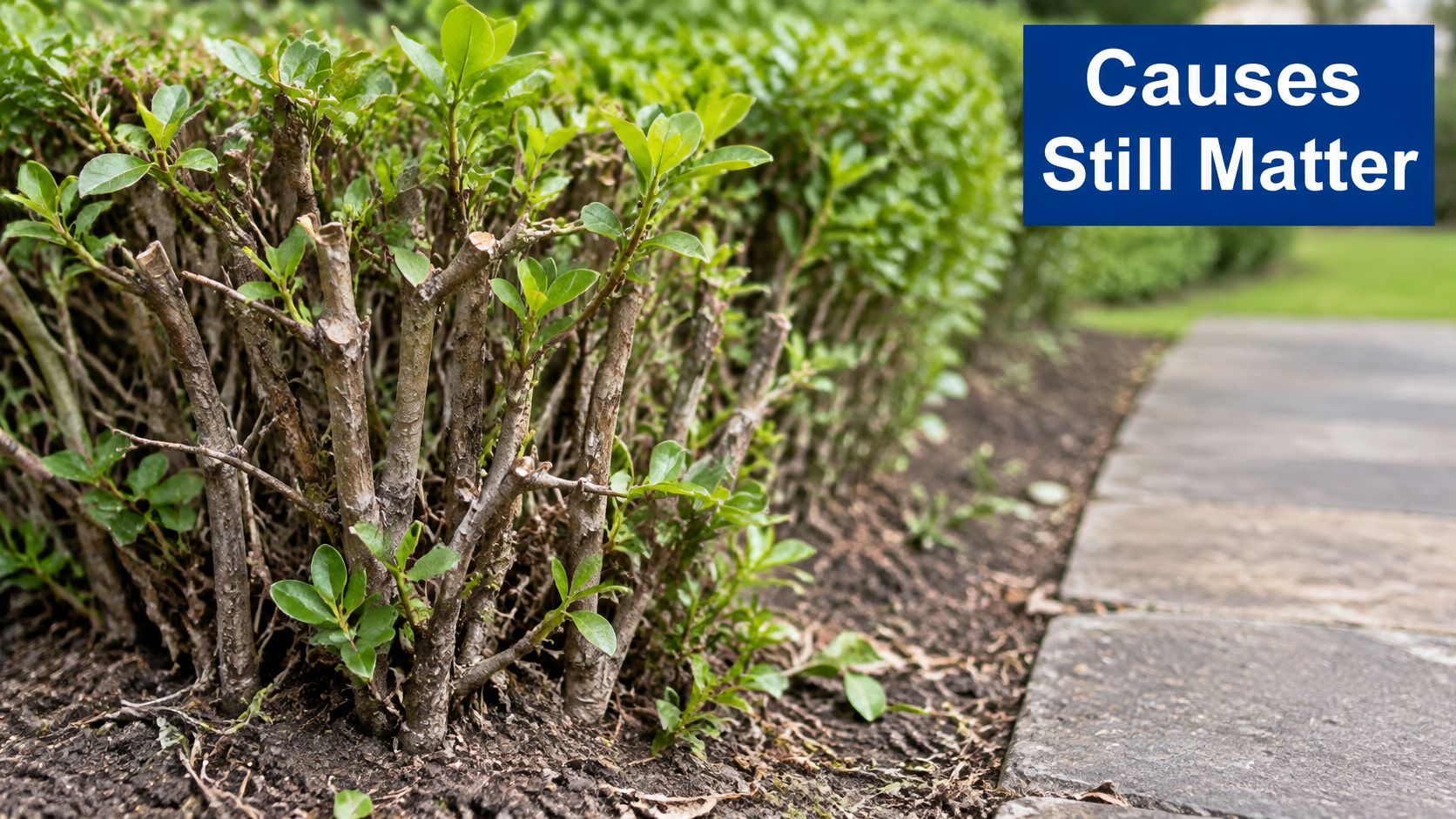 A neatly pruned hedge row lining a stone pathway with text overlay stating Causes Still Matter.