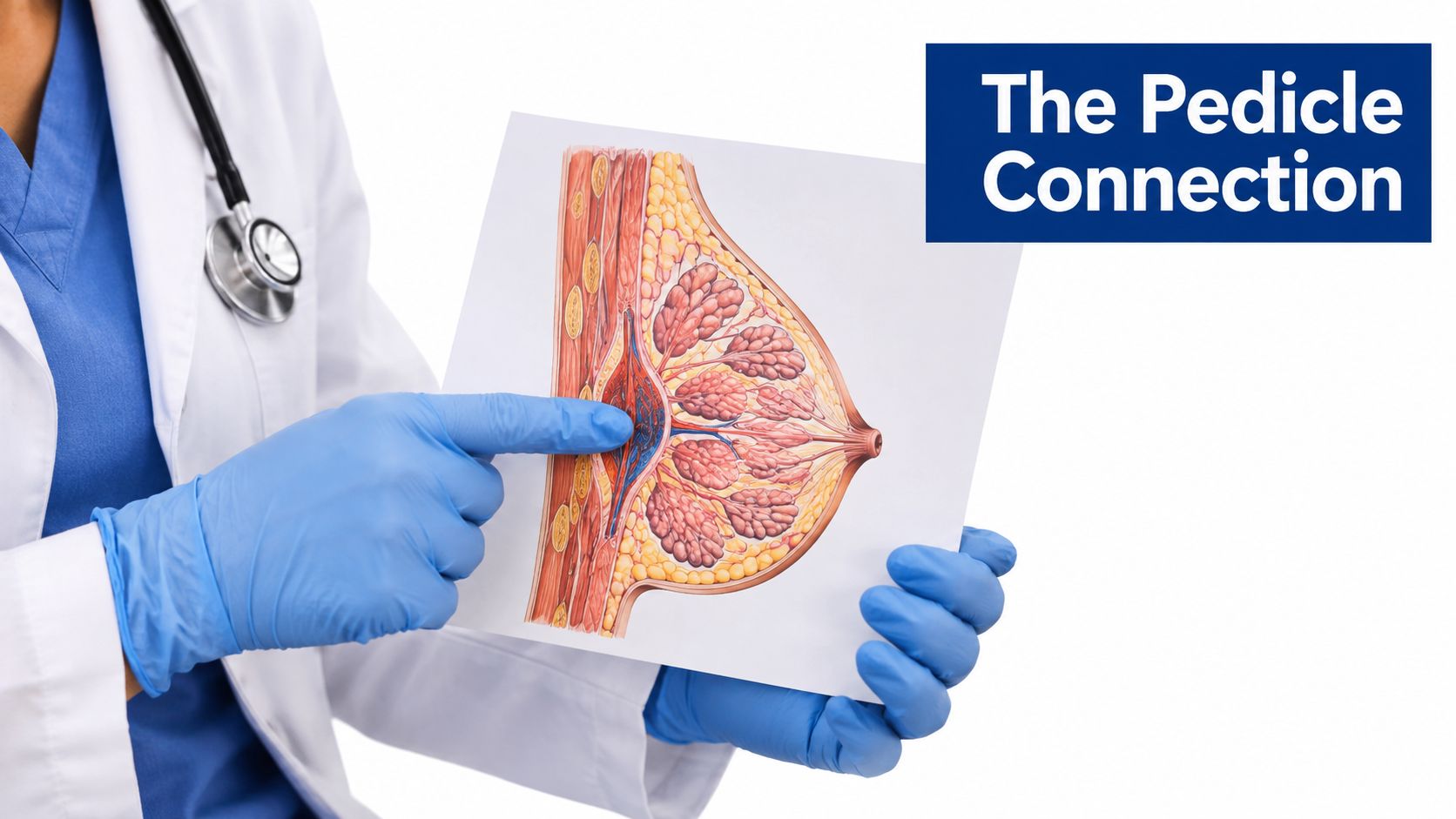 A healthcare professional in a white coat and blue gloves holds a diagram of breast anatomy.