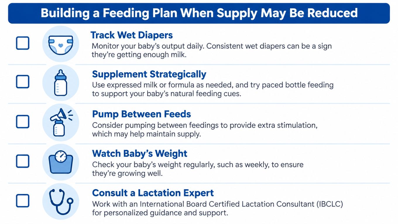 A checklist for parents on how to manage a feeding plan when breast milk supply is reduced.