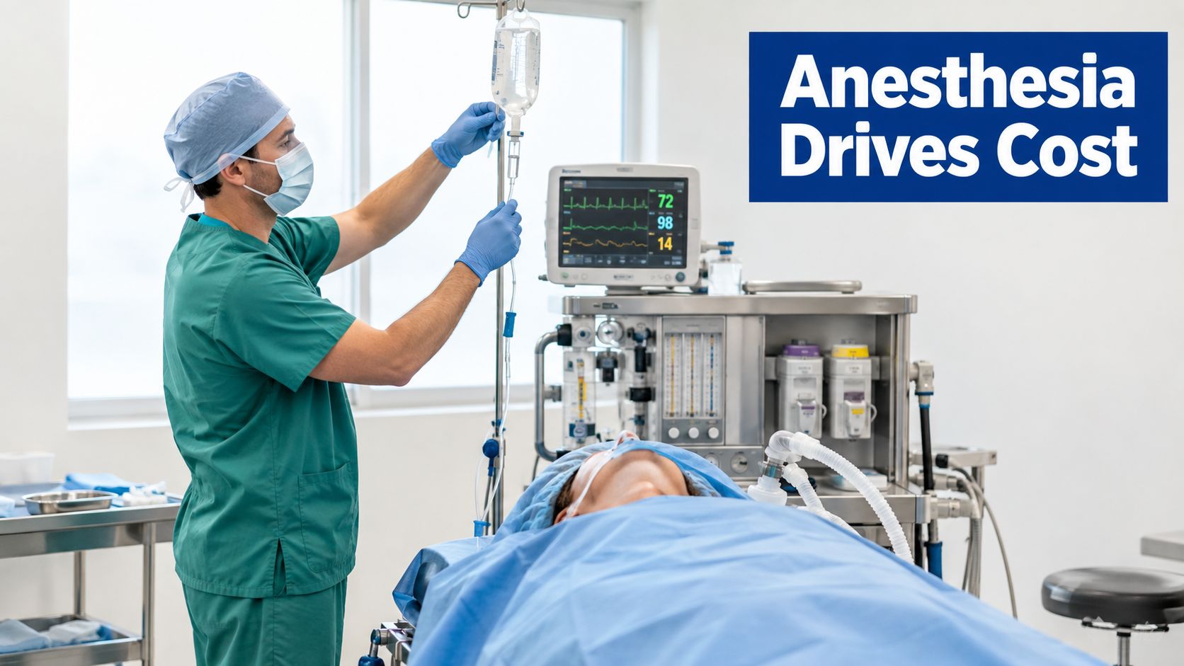 An anesthesiologist in scrubs preparing an IV drip for a patient during a surgical procedure.