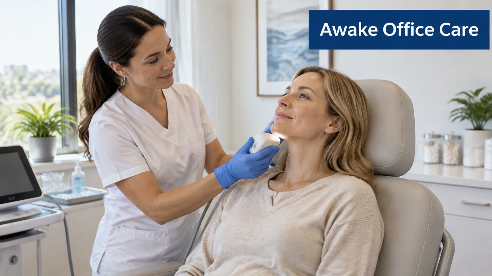 A professional clinician in a white uniform performs a dermatological facial treatment on a seated patient.