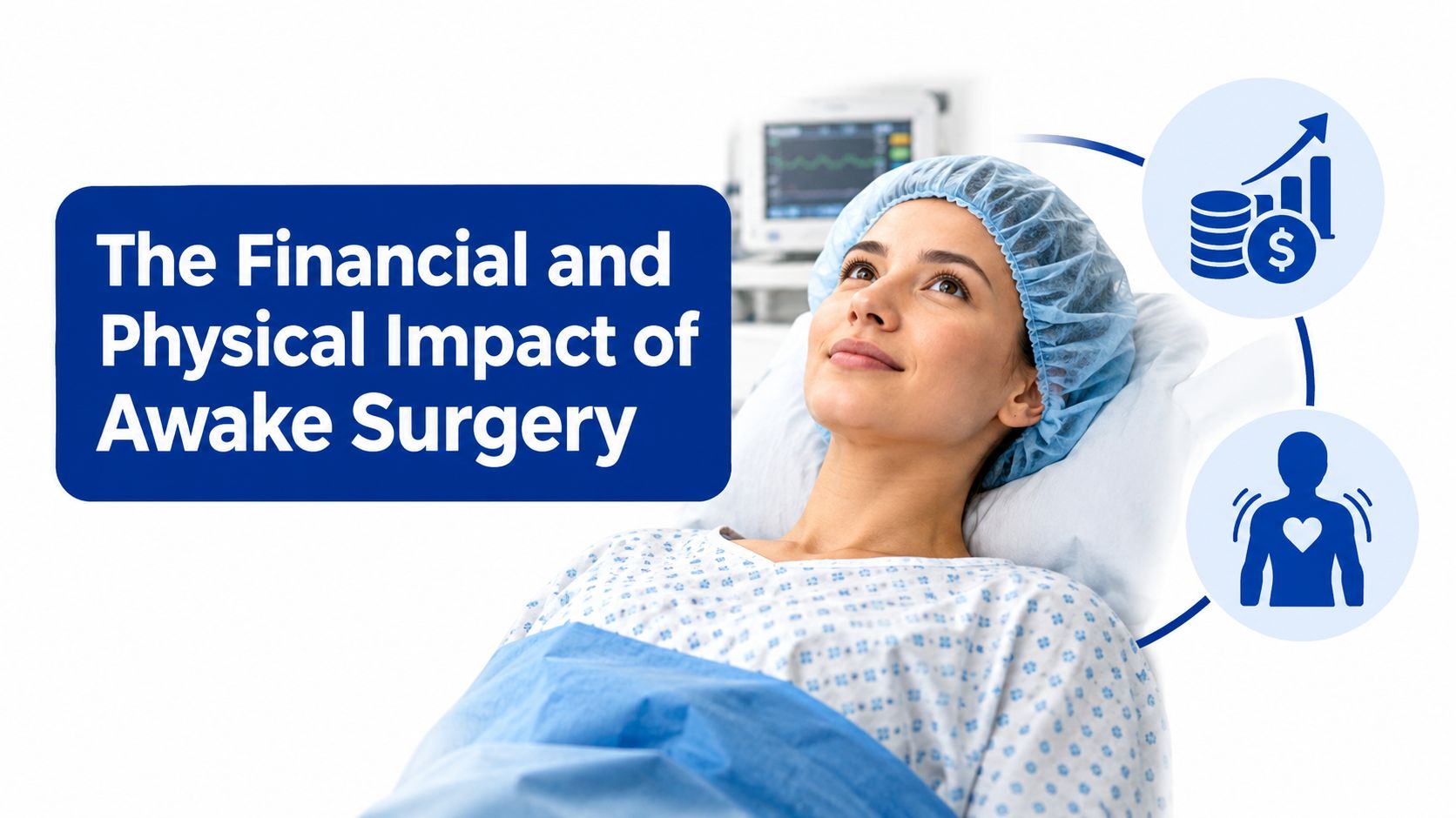 A patient in a hospital gown and surgical cap lying in a hospital bed, representing awake surgery.