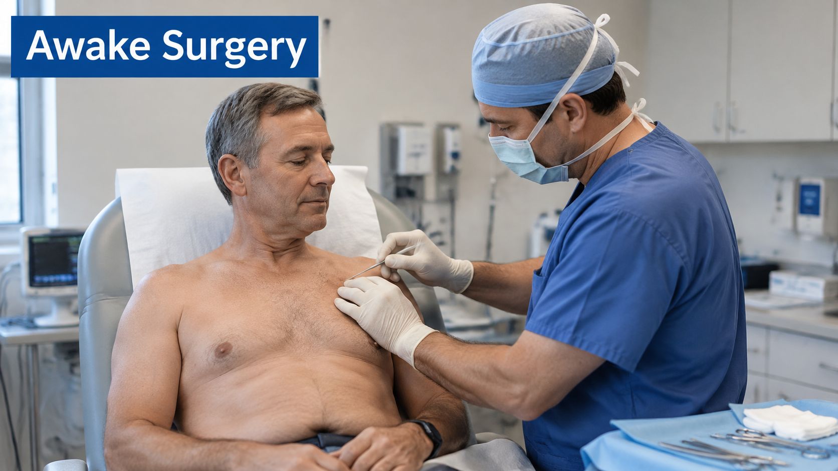 A surgeon in scrubs performing a medical procedure on a patient's chest in a clinical office setting.