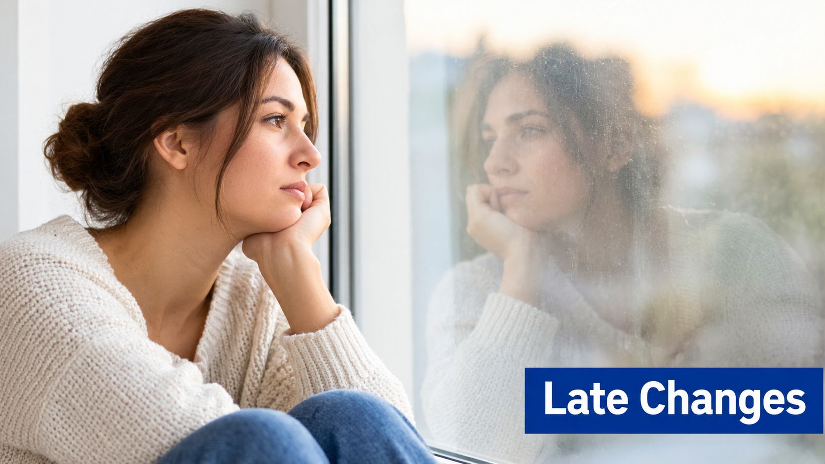 A contemplative woman sitting by a window, reflecting on personal changes, looking out with a thoughtful expression.