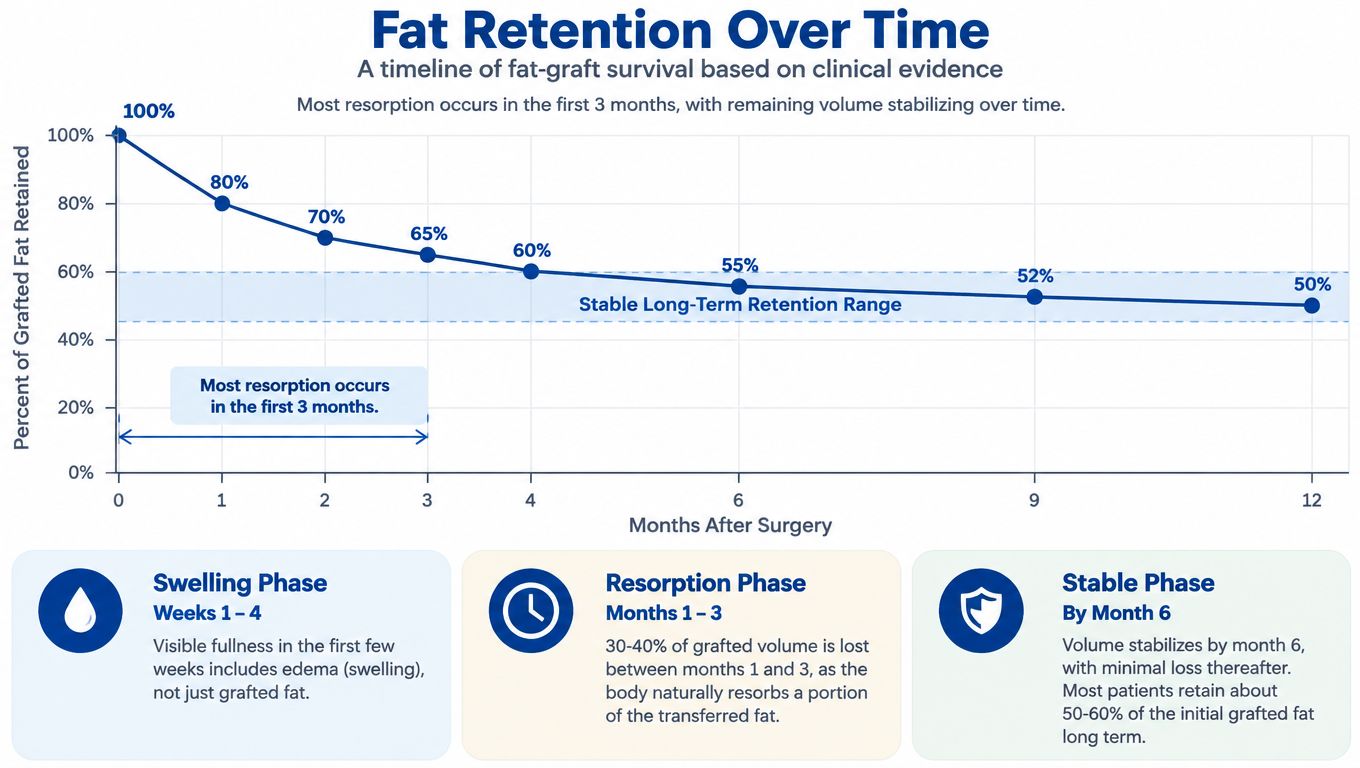 A line graph showing the percentage of fat retention over twelve months following a fat graft surgery.