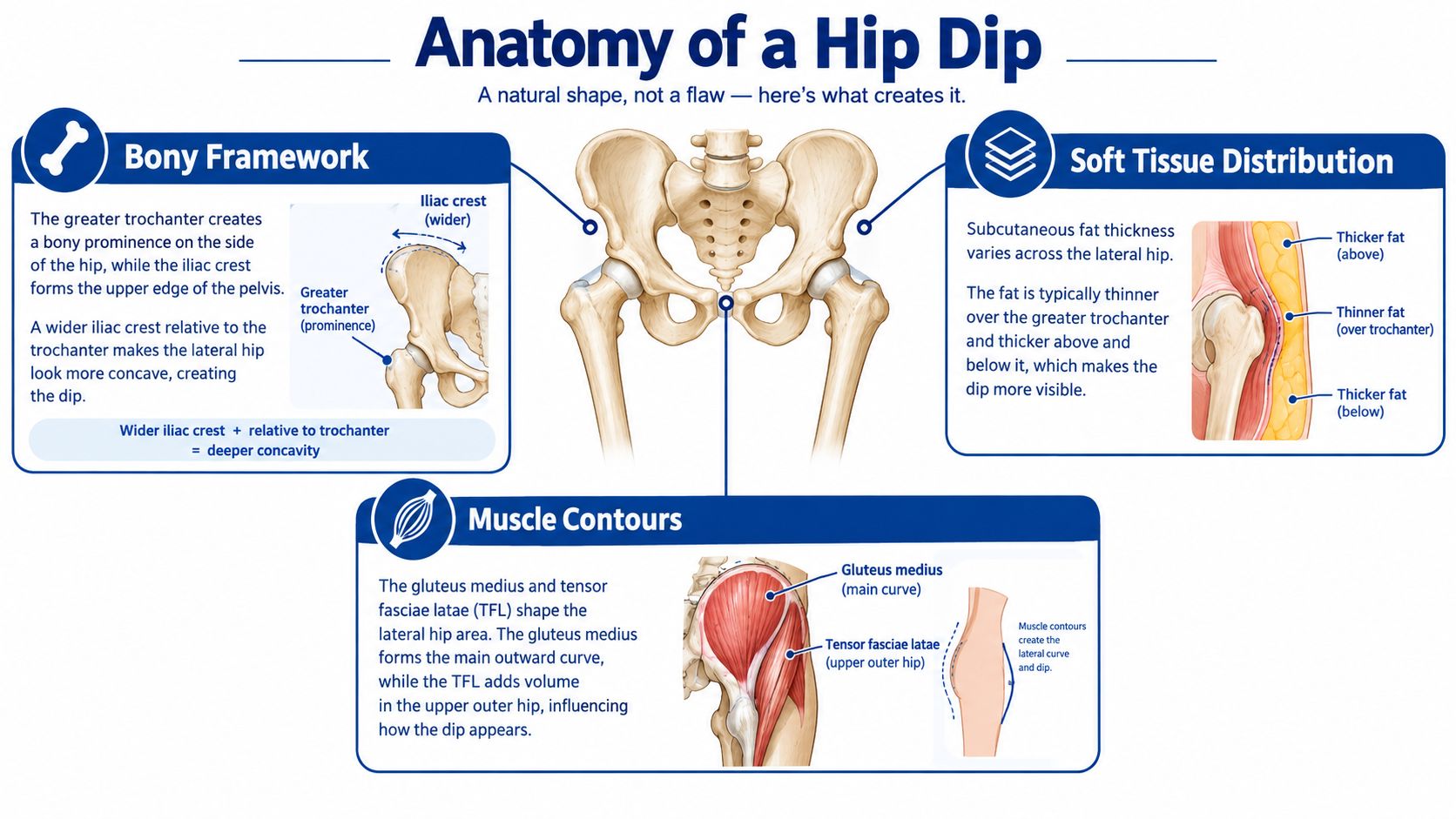 An educational infographic explaining the anatomy of hip dips, including bony framework, soft tissue distribution, and muscle contours.