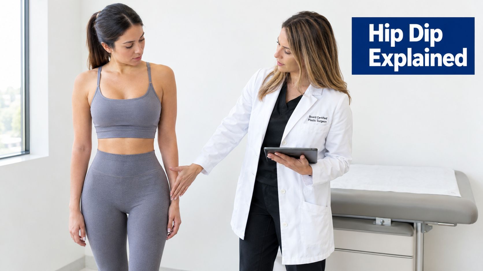 A board certified plastic surgeon consulting with a patient in a medical office to discuss hip dips.