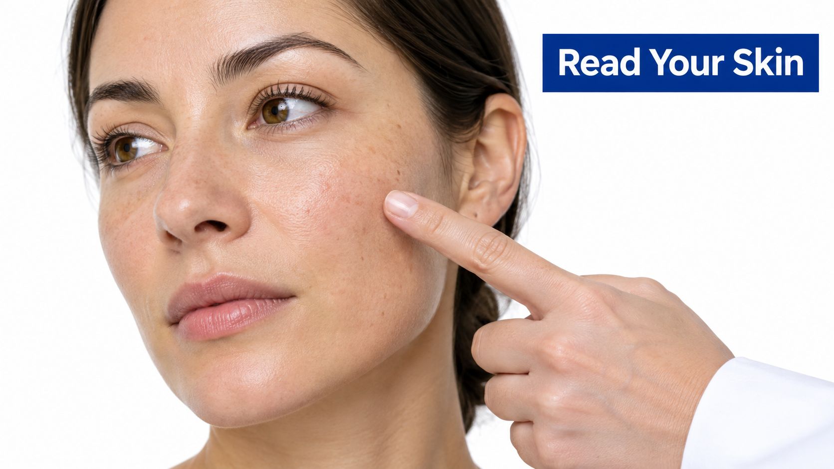 A close-up of a dermatologist examining a patient's face for skin texture and hyperpigmentation issues.