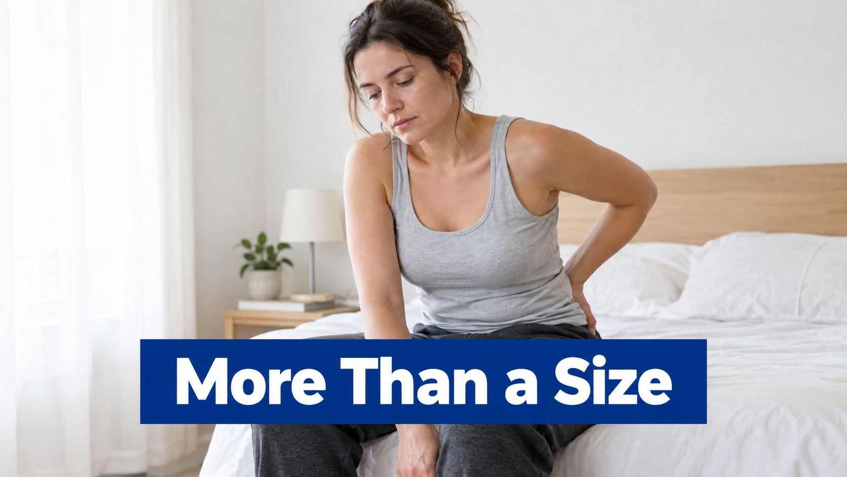 A woman sitting on her bed looking tired while touching her back, representing physical discomfort or pain.