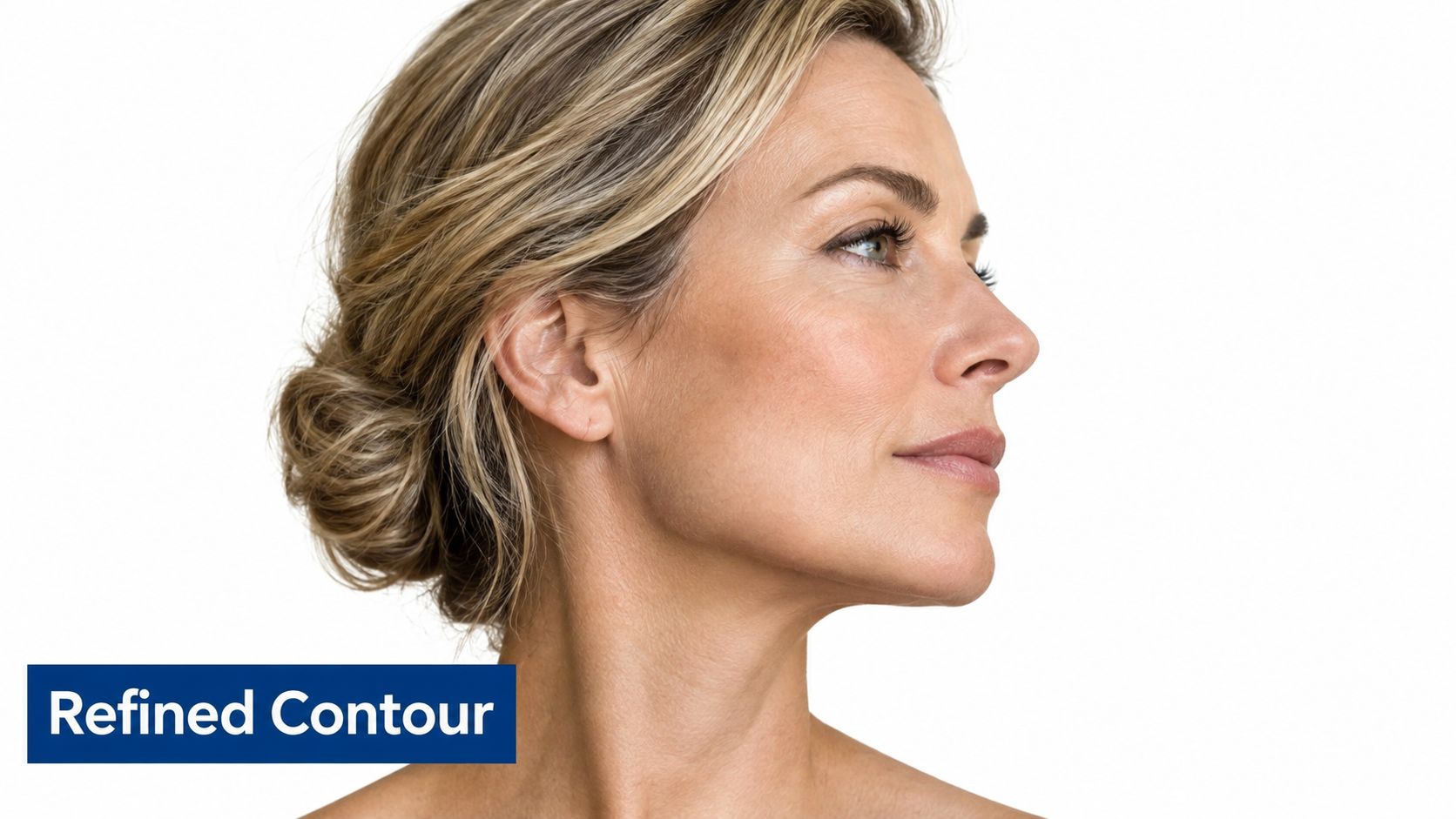 A close-up profile view of a mature woman with smooth skin, showcasing a refined neck contour.