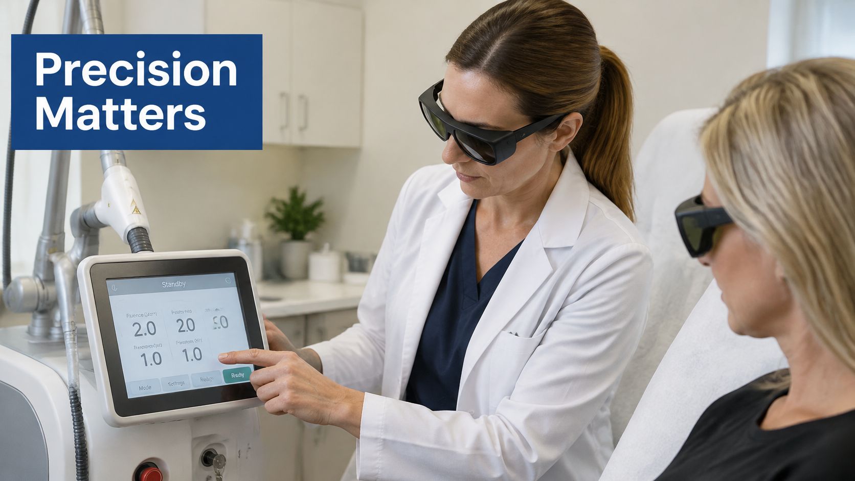 A dermatologist in a white coat adjusts the settings on a professional laser skin treatment machine.