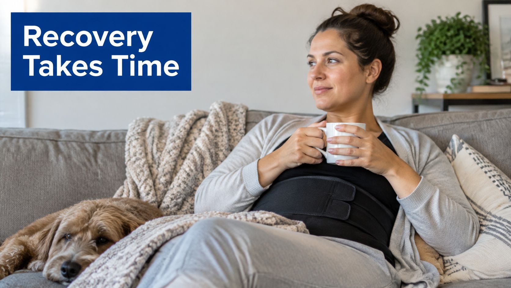 A woman recovering on a couch with a dog and wearing a compression garment after surgery.