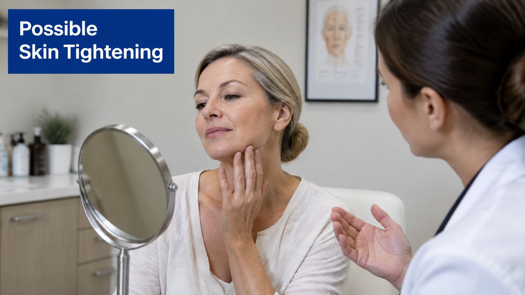 A dermatologist consults with a mature woman regarding potential skin tightening procedures for her face and neck.