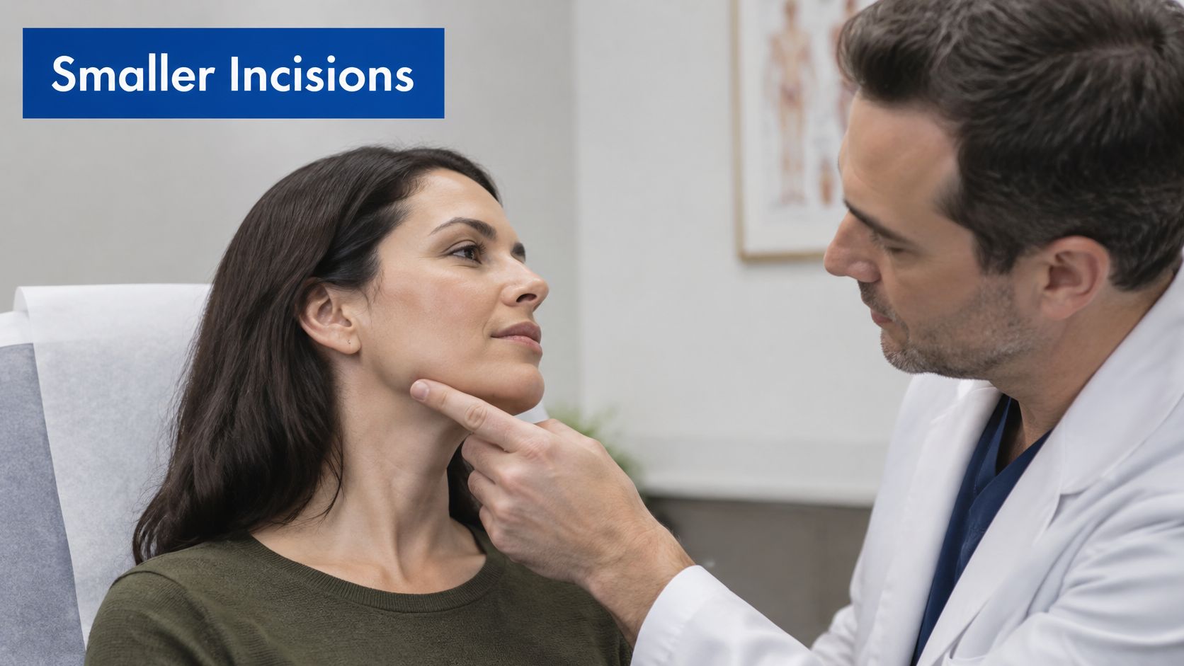A surgeon examining a patient's jawline during a consultation for a cosmetic procedure in an office.