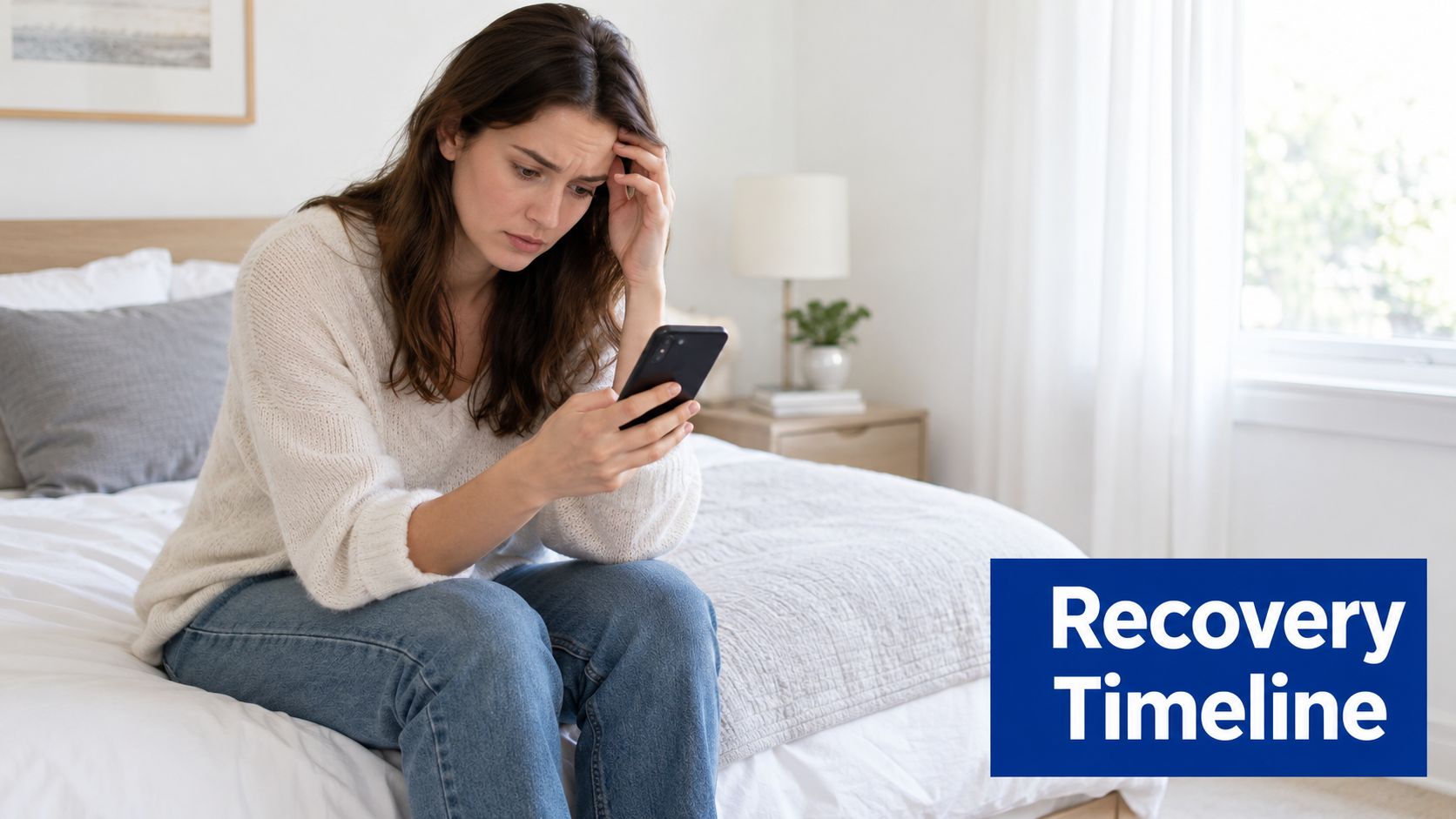 A worried woman sitting on her bed, looking at her smartphone while thinking about her health recovery.