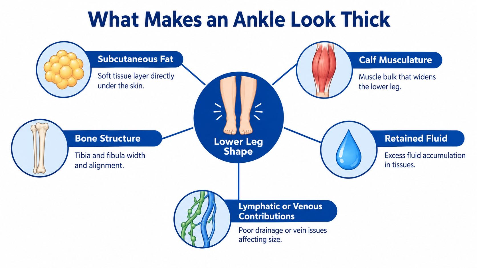An infographic illustrating five medical and biological factors that contribute to the appearance of thick ankles.