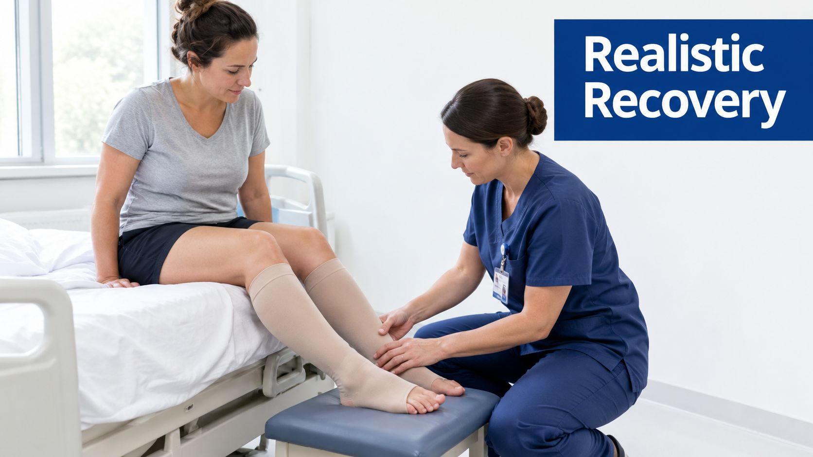 A medical professional assisting a patient in adjusting compression stockings while sitting on a hospital bed.