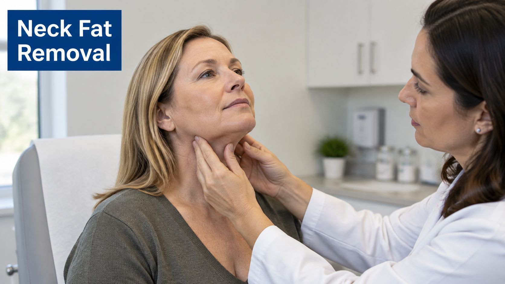 A professional doctor examines the neck area of a female patient in a clinical office setting.